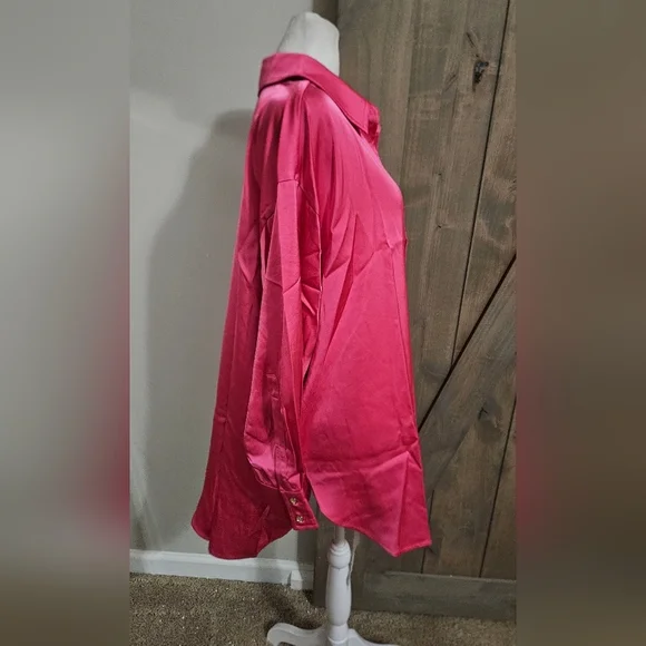 ENTRO Satin Long Sleeve Relaxed Fit Button Up Blouse In Hot Pink. Size Med NWT - Picture 14 of 16